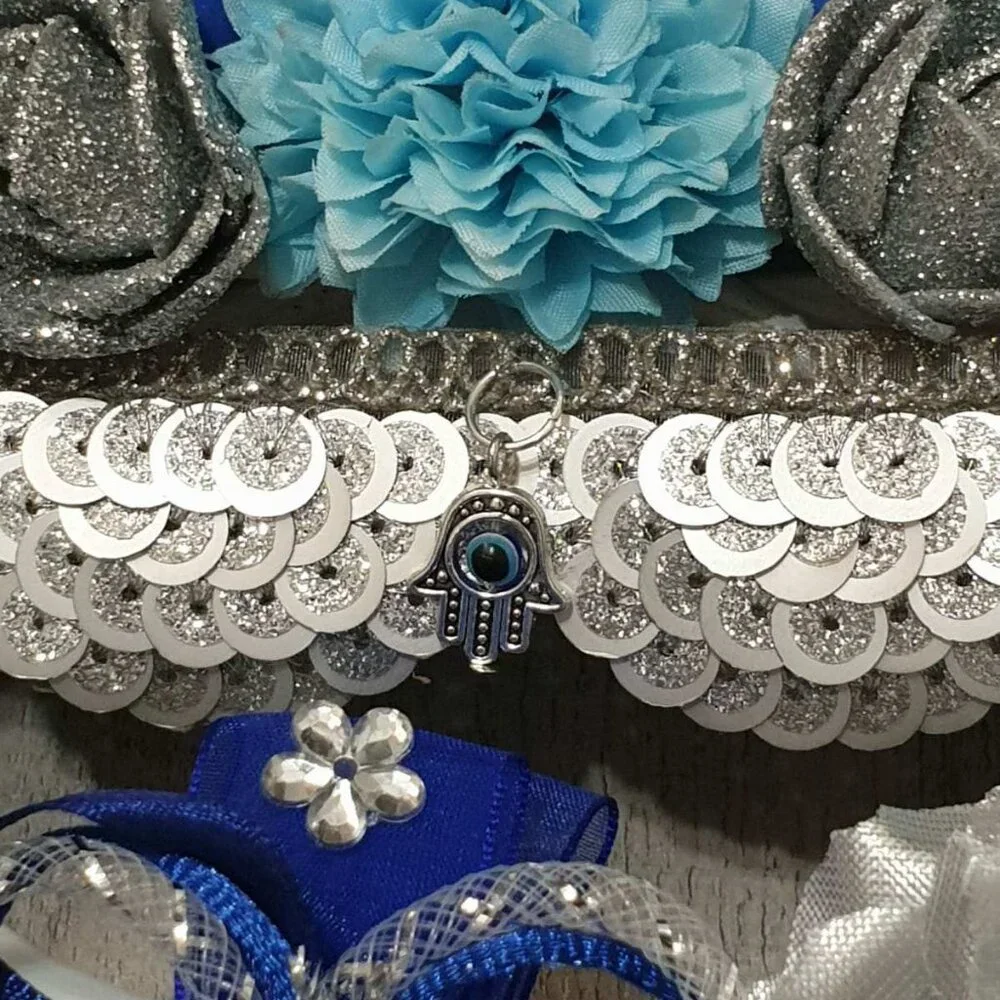 Hamsa Wreath Floral Hanger Evil Eye Blue Silver Wall and Door Home Office Decor